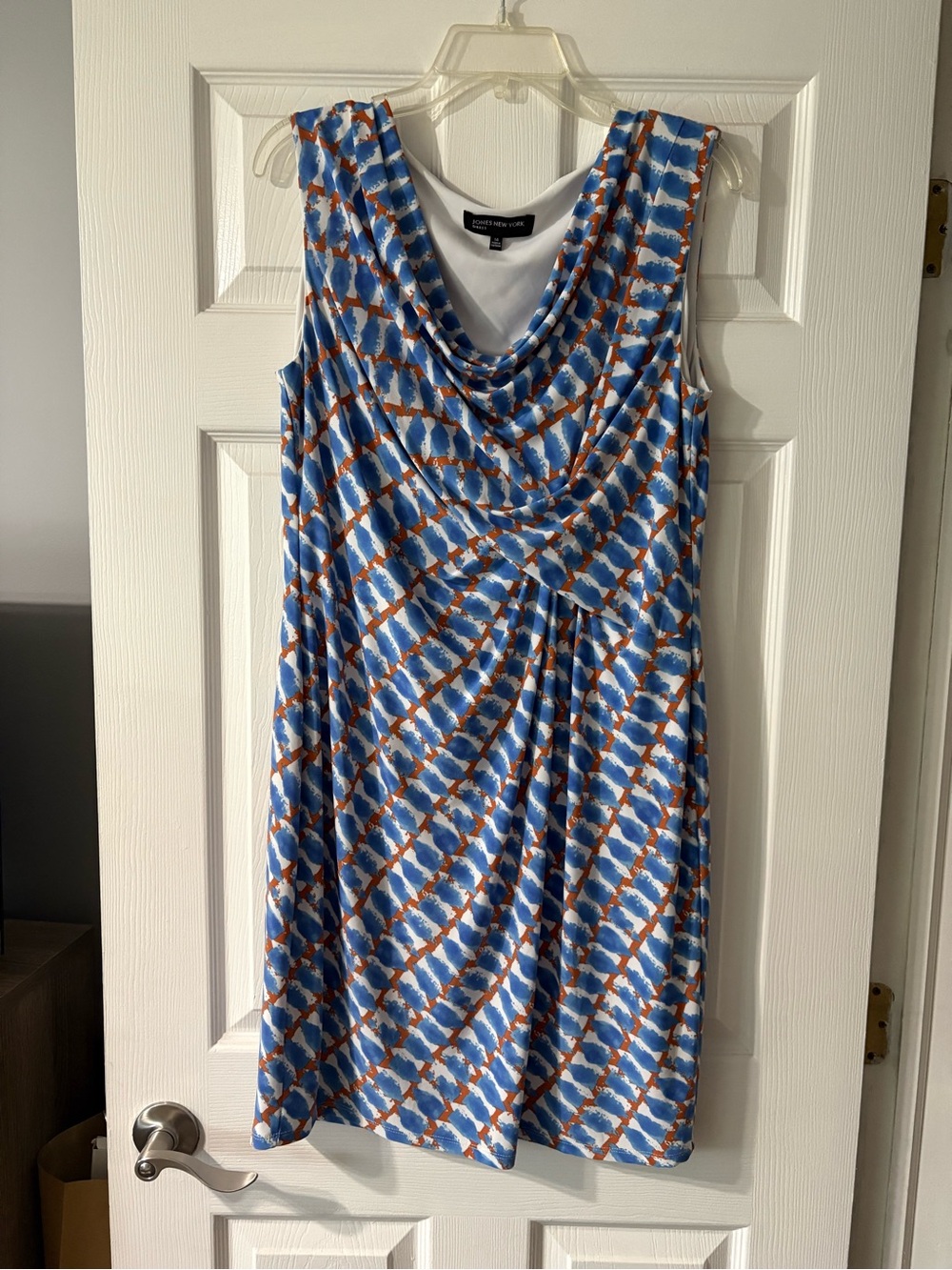 Jones New York Blue and Rust Geometric Cowl Neck Midi Dress